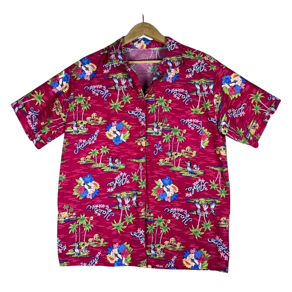 Sun Streak Vintage Hawaiian Shirt Mens Large Magenta Pink Aloha Tropical Cotton